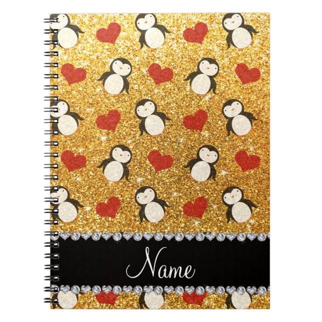 Personalised name yellow glitter penguins hearts notebook (Front)