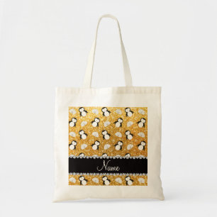 Personalised name yellow glitter penguins igloos tote bag
