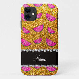 Personalised name yellow glitter watermelons iPhone 11 case