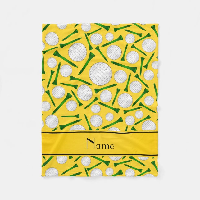 Personalised name yellow golf balls tees fleece blanket (Front)