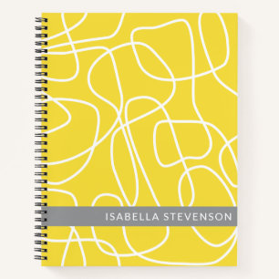Personalised Name Yellow Grey Abstract Line Art Notebook