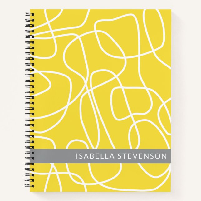 Personalised Name Yellow Grey Abstract Line Art Notebook (Front)