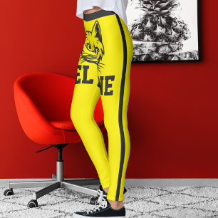 Personalised Name Yellow Grey Stripes Cute Cat Pet Leggings