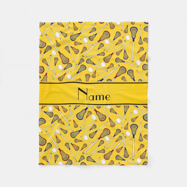Personalised name yellow lacrosse pattern fleece blanket (Front)