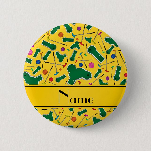 Personalised name yellow mini golf 6 cm round badge (Front)
