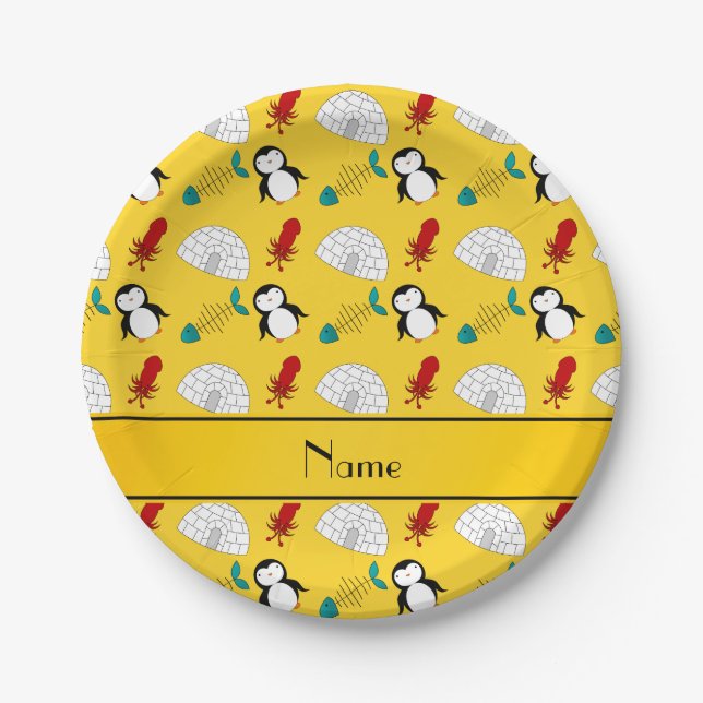 Personalised name yellow penguins igloo fish squid paper plate (Front)