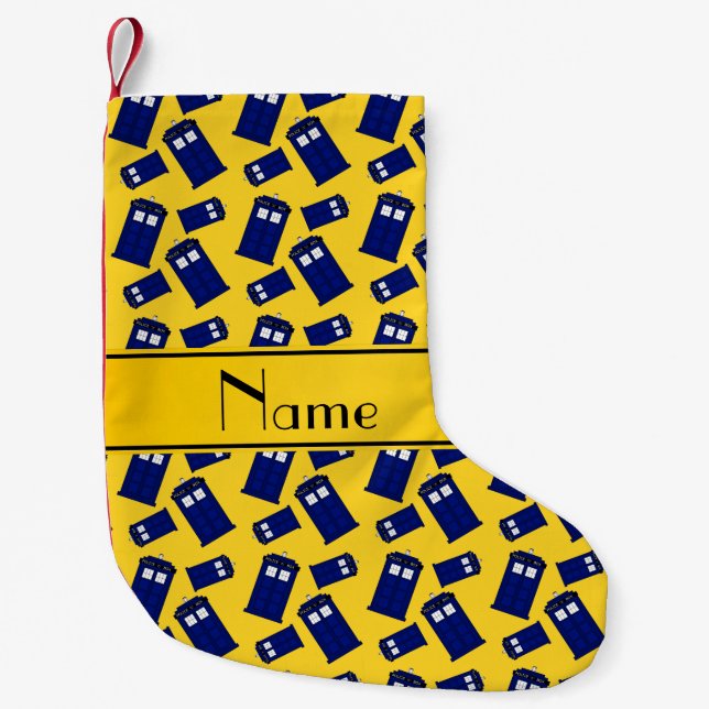 Personalised name yellow police box small christmas stocking (Front)