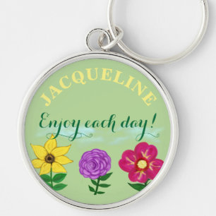 Personalised Name Yellow Purple Fuchsia Flowers Key Ring