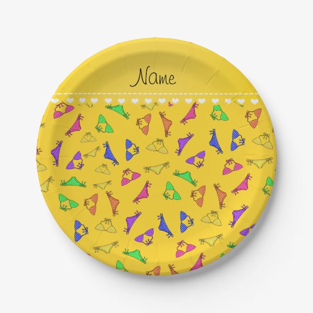 Personalised name yellow rainbow bikinis paper plate (Front)