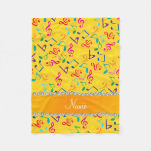 Personalised name yellow rainbow music notes fleece blanket