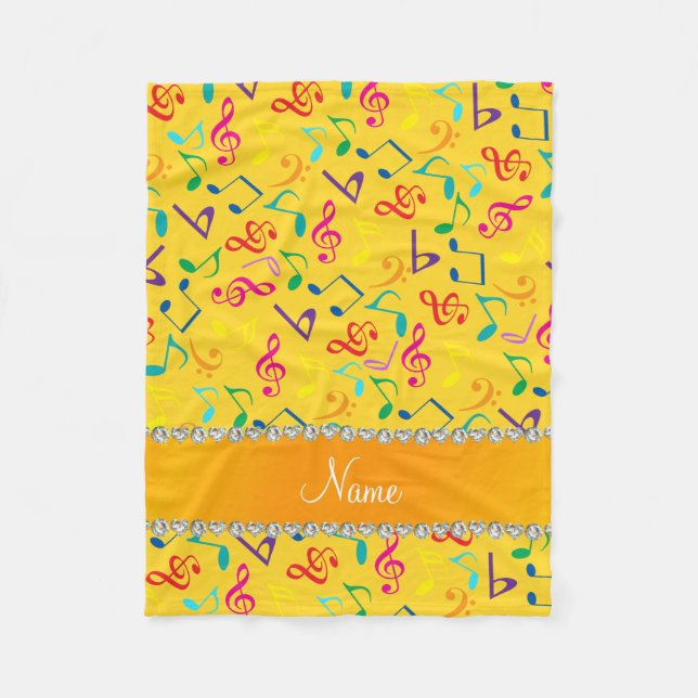Personalised name yellow rainbow music notes fleece blanket (Front)
