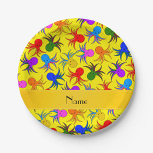 Personalised name yellow rainbow octopus paper plate