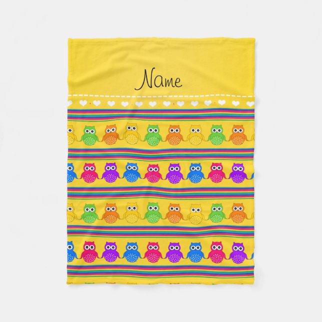 Personalised name yellow rainbow owls stripes fleece blanket (Front)