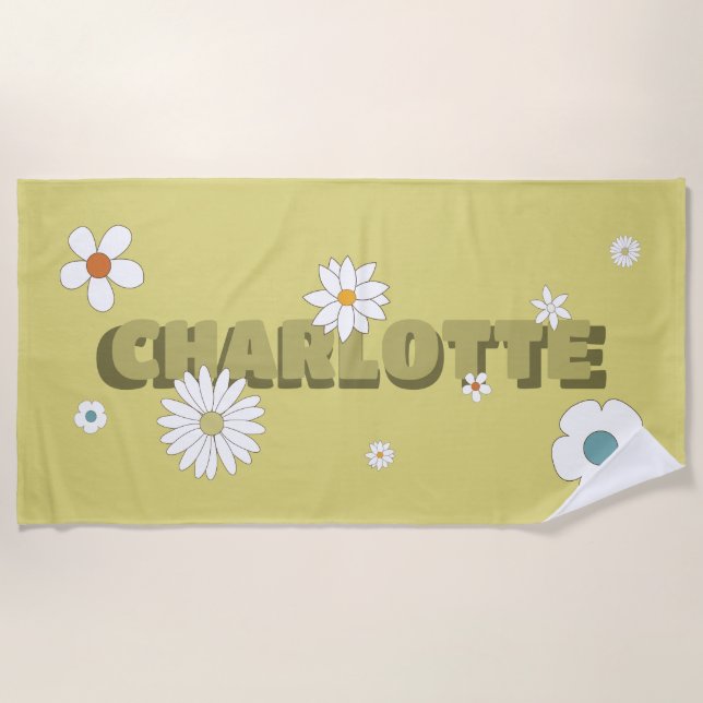 Personalised Name Yellow Retro Style Flowers Beach Towel (Front)