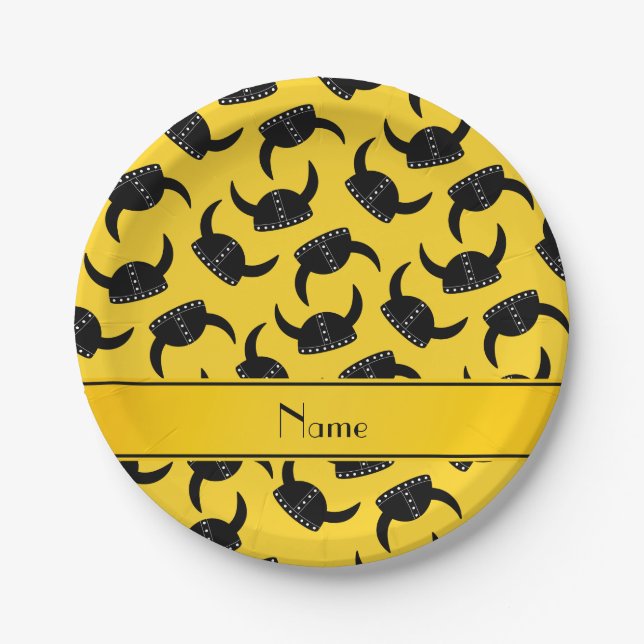 Personalised name yellow viking hat pattern paper plate (Front)