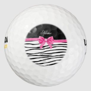 Personalised name zebra striped pink bow golf balls