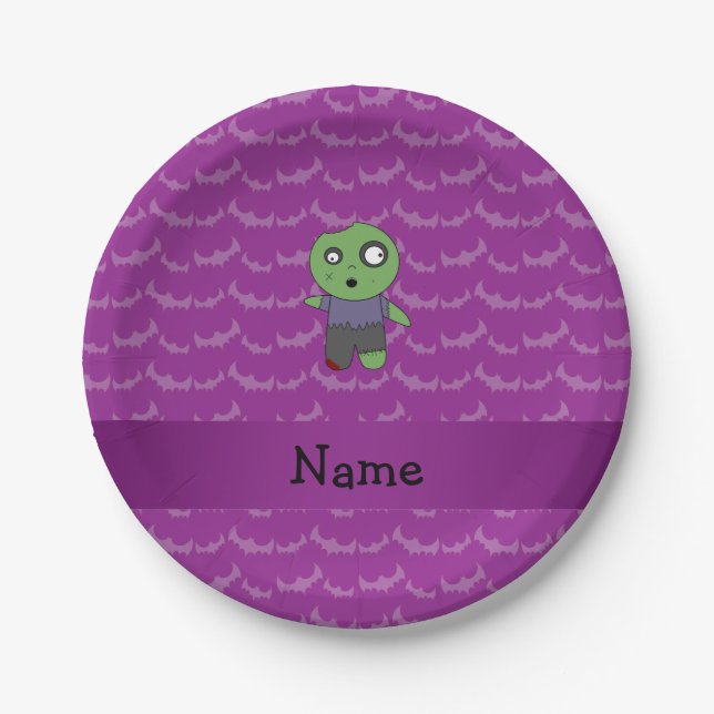 Personalised name zombie purple bats pattern paper plate (Front)