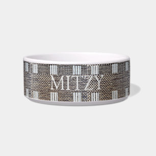 Personalised Named Grey & Off-White Squares Pet Bowl