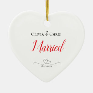 Personalised Names and Date Married Hearts Ceramic Tree Decoration