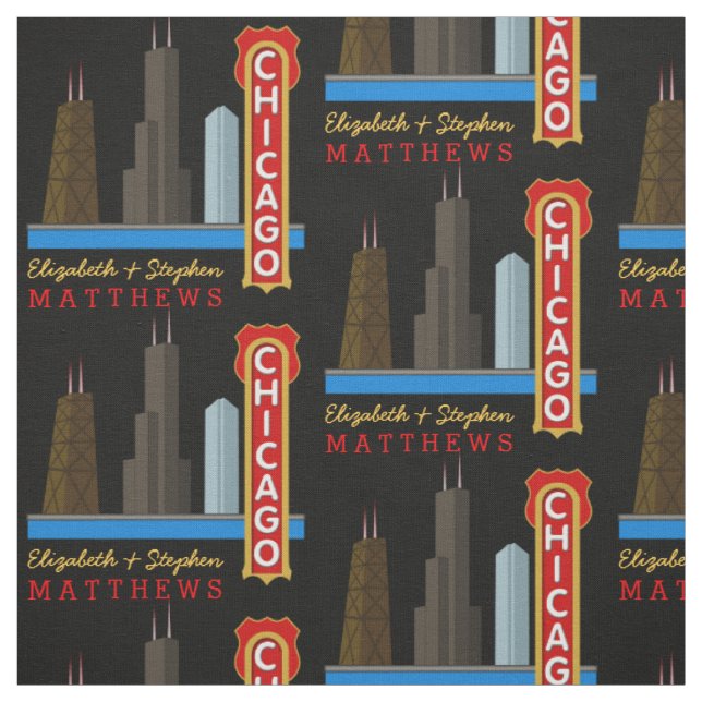 Personalised Names Chicago Illinois Skyline Fabric (Swatch)