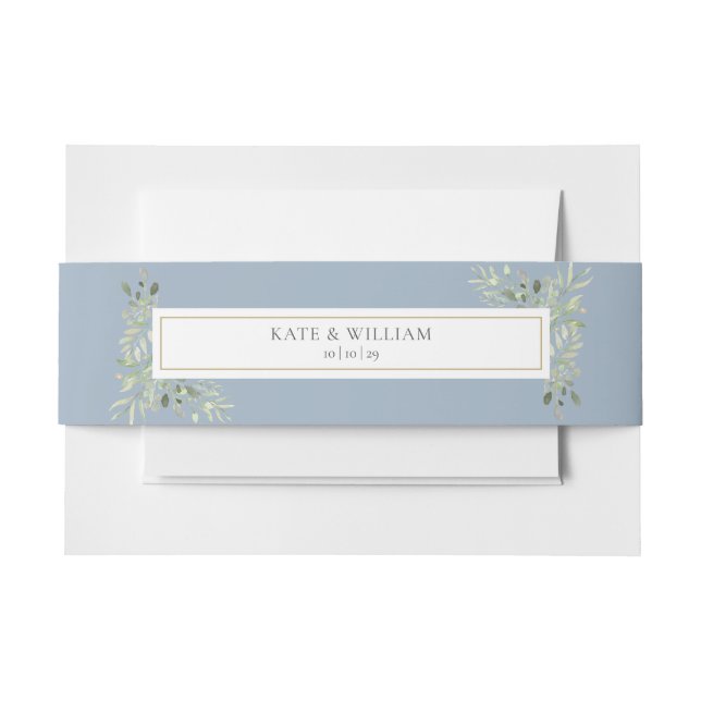 Personalised Names Greenery Dusty Blue Wedding Invitation Belly Band (Front Example)