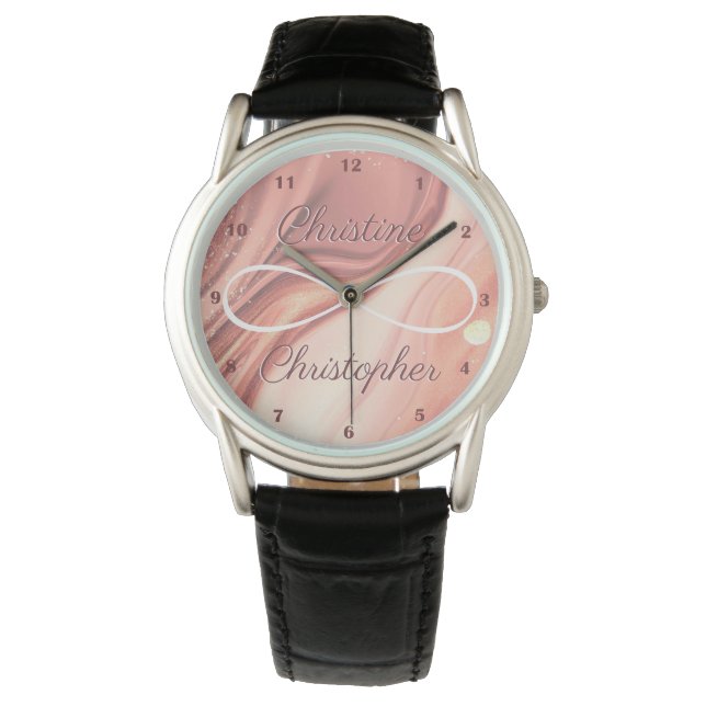 Personalised Names Infinity Symbol Rose Gold Peach Watch (Front)