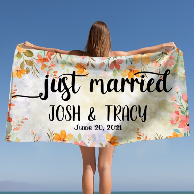 Personalised Names Just Married  Beach Towel (Watercolor Floral Personalized Names Just Married Beach Towel)