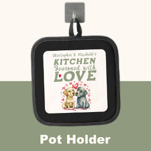 Personalised names kitchen cute dogs green pot holder