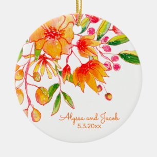 Personalised Names Orange Floral Wedding Date Ceramic Tree Decoration