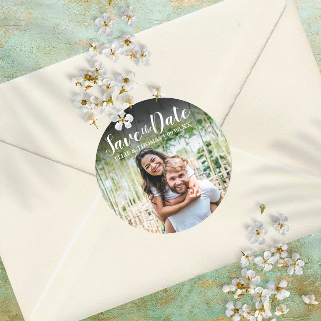 Personalised Names Photo Script Save the Date Classic Round Sticker (Creator Uploaded)