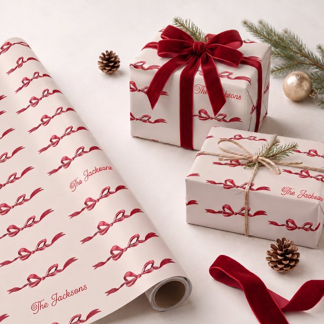 Personalised Names Red Bow Christmas Holiday Gift Wrapping Paper (Creator Uploaded)