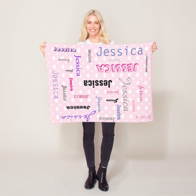 Personalised Names Typography Pink Hearts Fleece Blanket (In Situ)