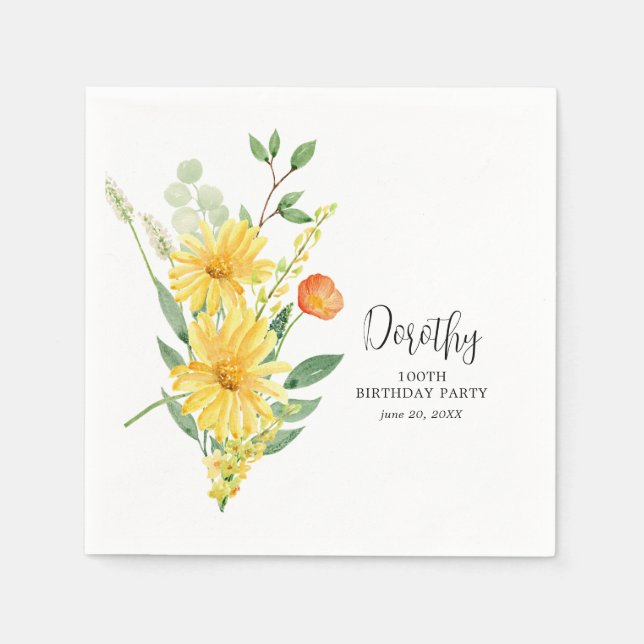 Personalised Napkins 100th Birthday Yellow Floral (Front)