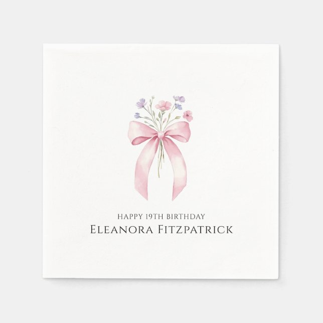 Personalised Napkins 19th Birthday Bow Wildflower (Front)