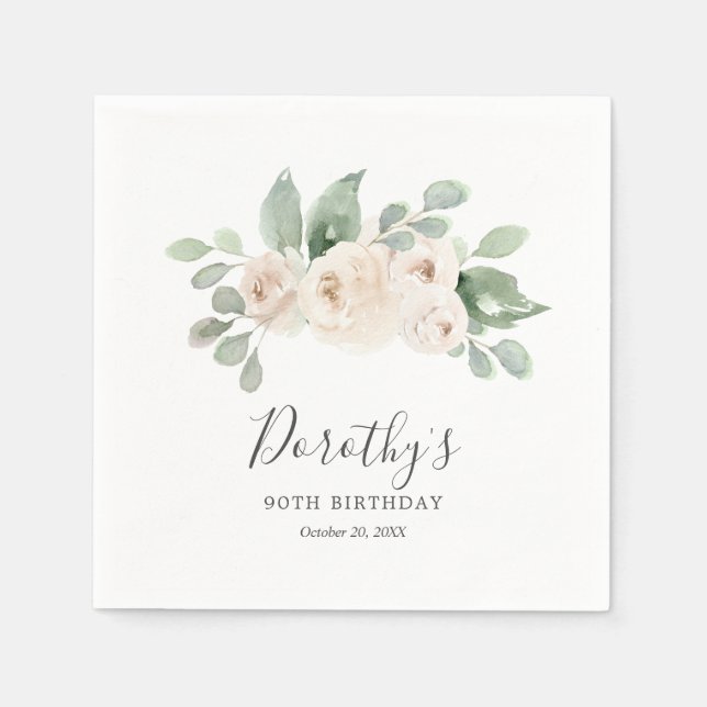 Personalised Napkins 90th Birthday White Rose  (Front)