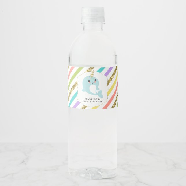 Personalised Narwhal Girl Birthday Party Favour Water Bottle Label (Front)