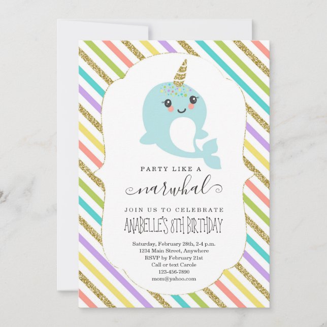 Personalised Narwhal Themed Girls Birthday Party Invitation (Front)