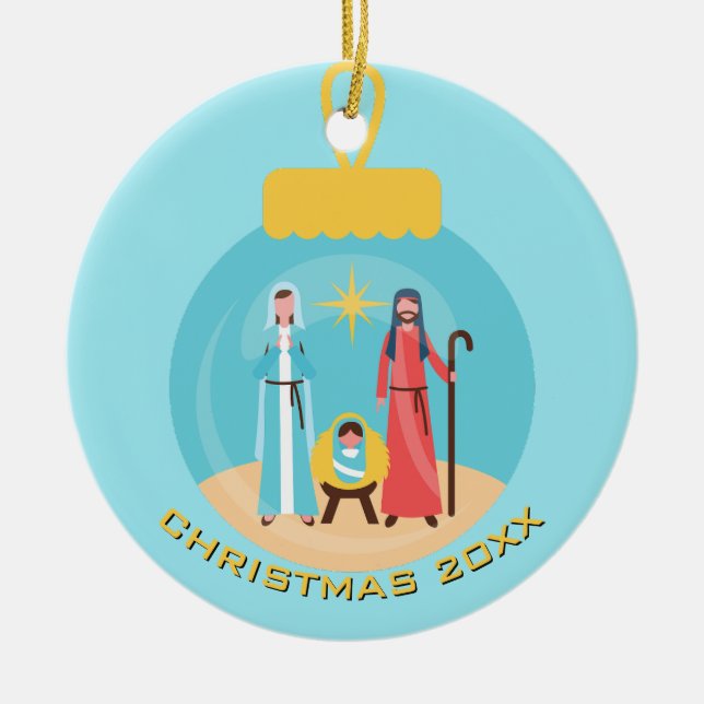 Personalised Nativity Blue and Gold Christmas  Ceramic Tree Decoration (Front)