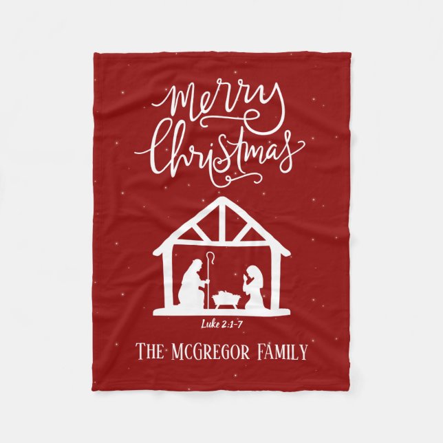 Personalised Nativity Red Christmas Family Name Fleece Blanket (Front)