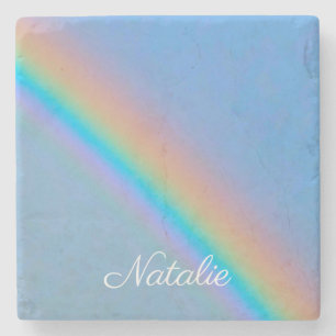 Personalised natural real rainbow stone coaster