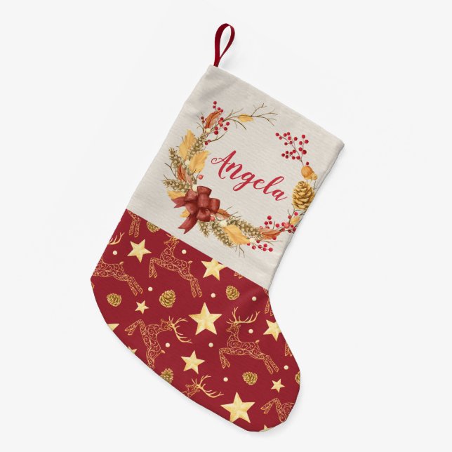 Personalised Natural Rustic Wreath Deer Small Christmas Stocking (Front (Hanging))