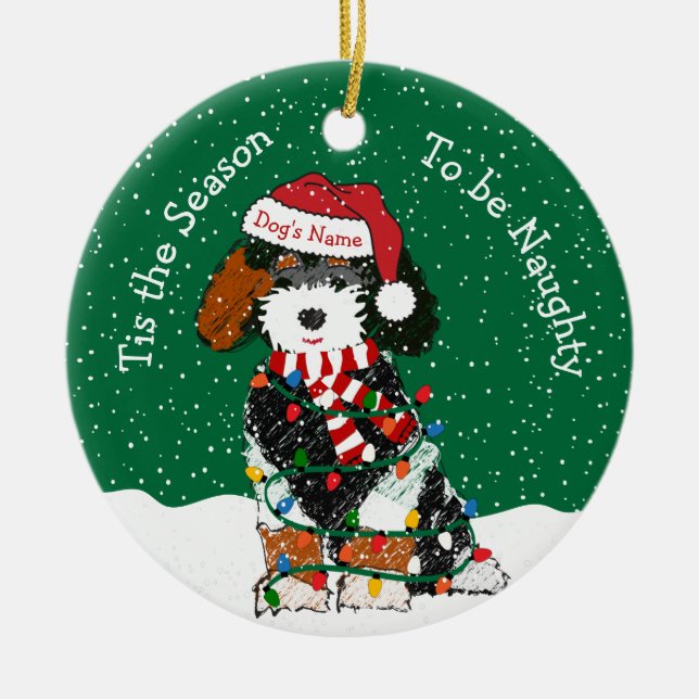 Personalised Naughty Bernedoodle Ceramic Tree Decoration (Front)