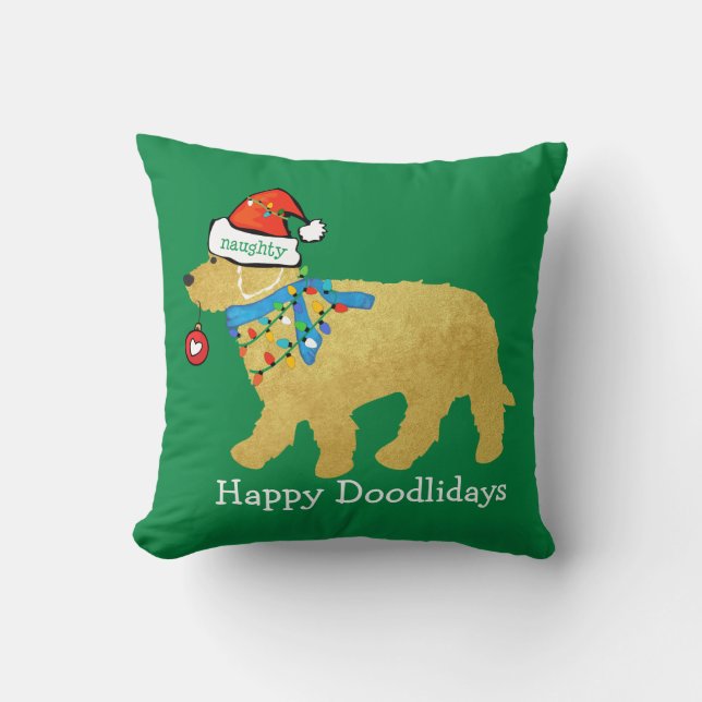 Personalised Naughty Christmas Goldendoodle Cushion (Front)