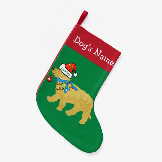 Personalised Naughty Christmas Goldendoodle Small Christmas Stocking (Front (Hanging))