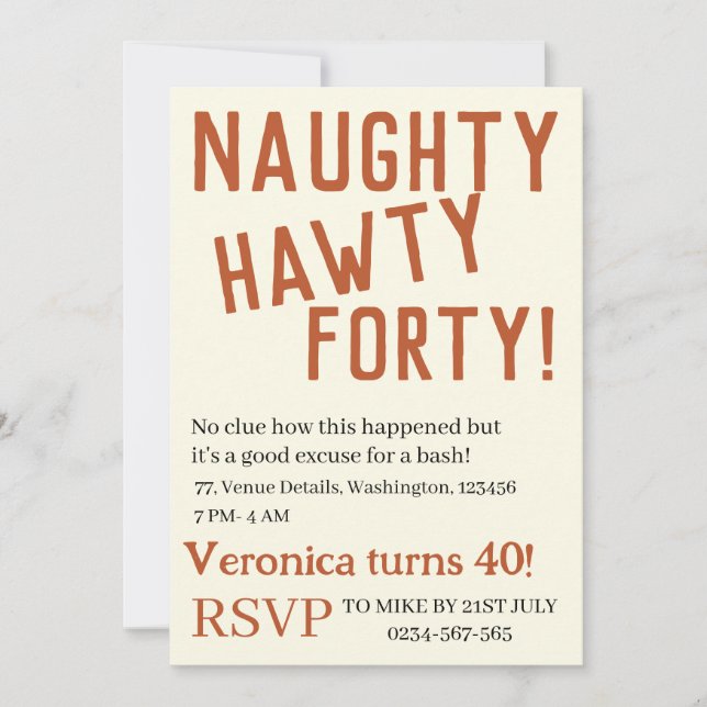 Personalised naughty hawty forty funny birthday  invitation (Front)