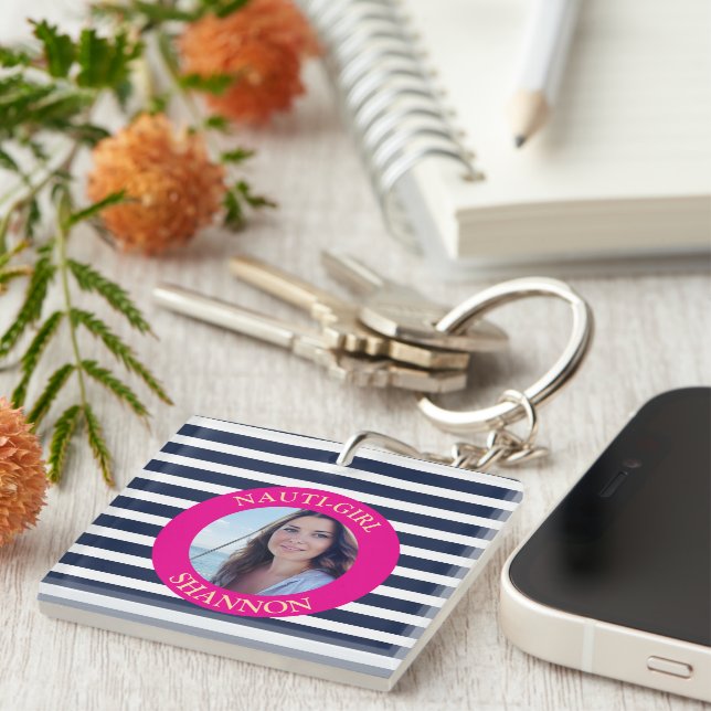 Personalised Nauti-Girl Navy Blue Stripes Photo  Key Ring (Front Right)
