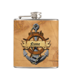 Personalised Nautical Anchor And Wheel Hip Flask