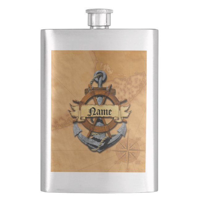 Personalised Nautical Anchor And Wheel Hip Flask (Front)