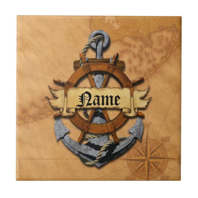 Personalised Nautical Anchor And Wheel Tile (Front)