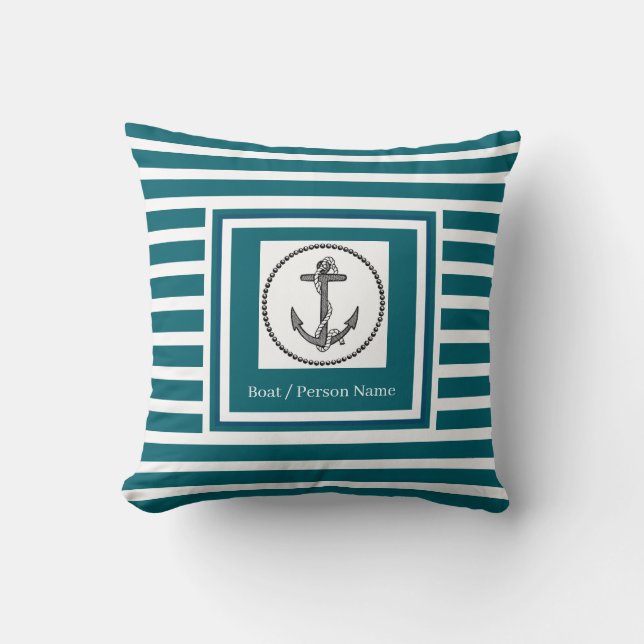 Personalised Nautical Anchor Dk Teal Striped Cushion (Front)
